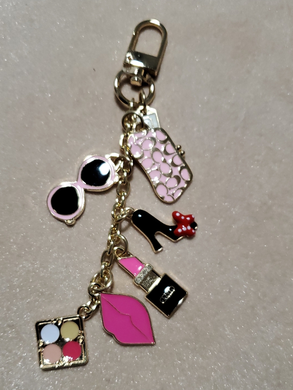 Source Unknown Gold-Tone Charm Keychain with Pink, Black & Red Accents